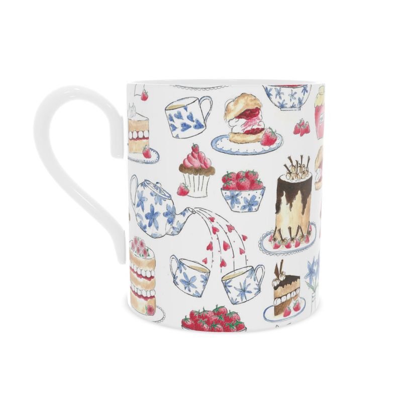 Elegant Afternoon Tea Bone China Mug with a vintage-inspired illustration of teapots, teacups, and sweet treats—perfect for tea lovers.