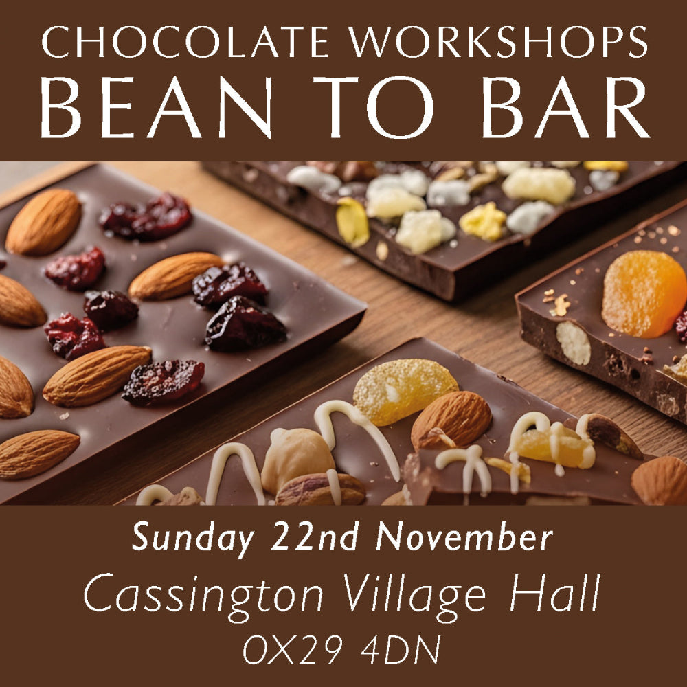 Advertisement for chocolate workshops with a close-up of a bean-to-bar chocolate bar.