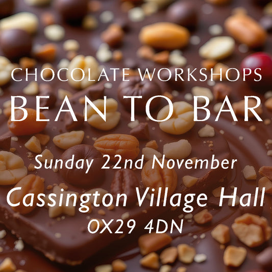 Advertisement for chocolate workshops with a close-up of a bean-to-bar chocolate bar.