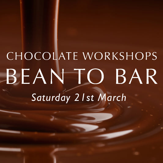 Chez Beccy Bean to Bar chocolate workshop promotional image with pourng melted chocolate