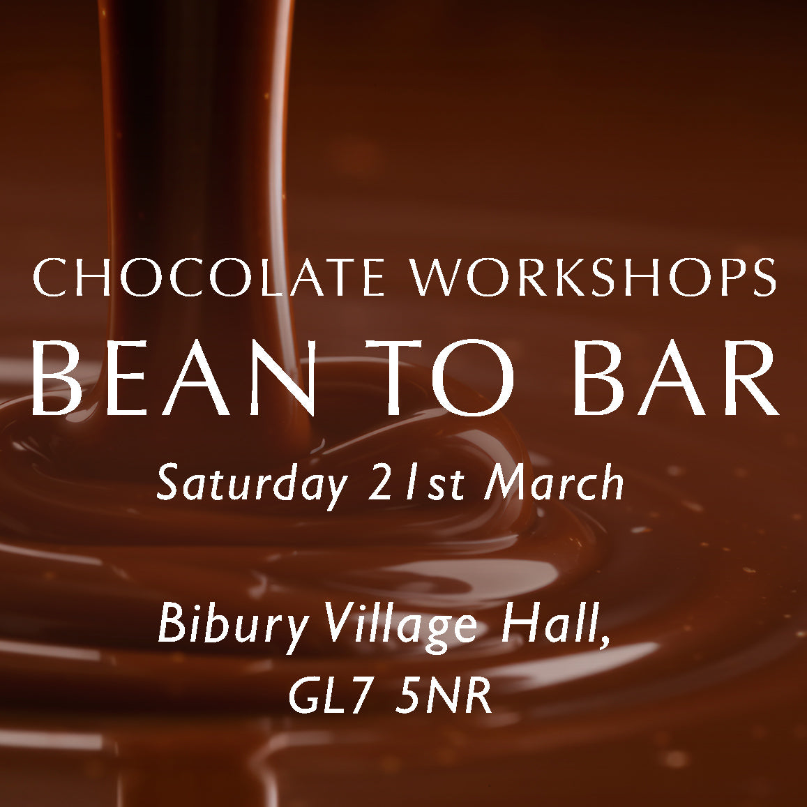 Chez Beccy Bean to Bar chocolate workshop promotional image with pourng melted chocolate
