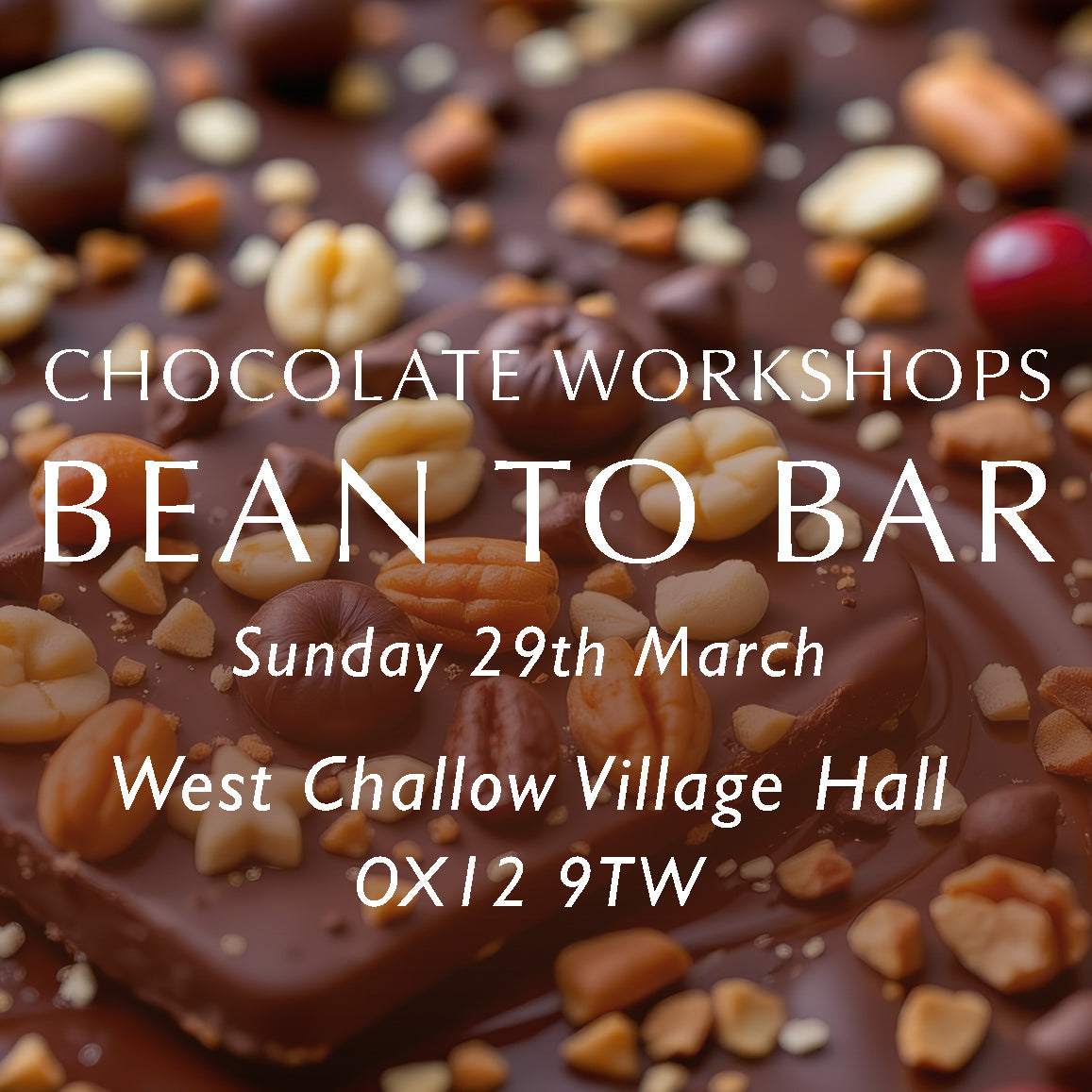 Chez Beccy Bean to Bar chocolate workshop promotional image with  chocolate decorated with fruit and nuts