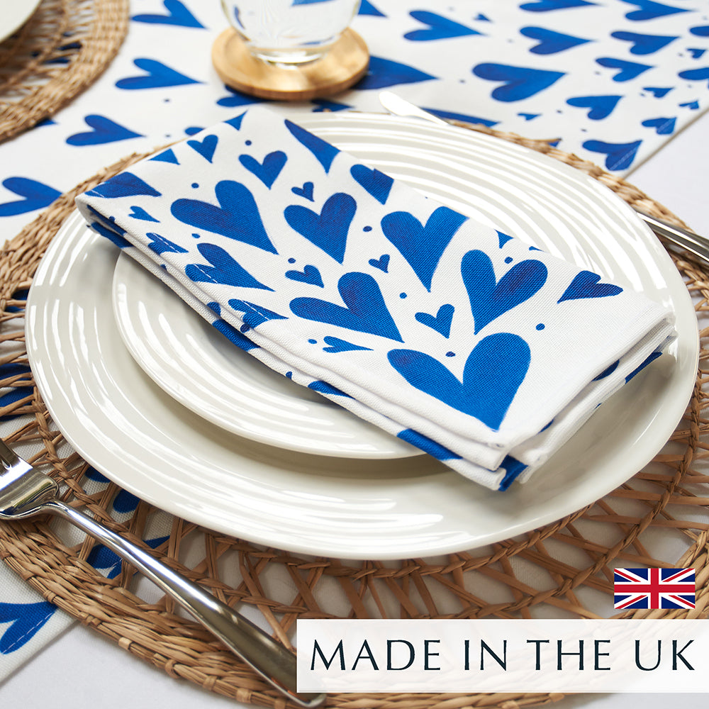 Blue hearts cloth napkin, made in the UK