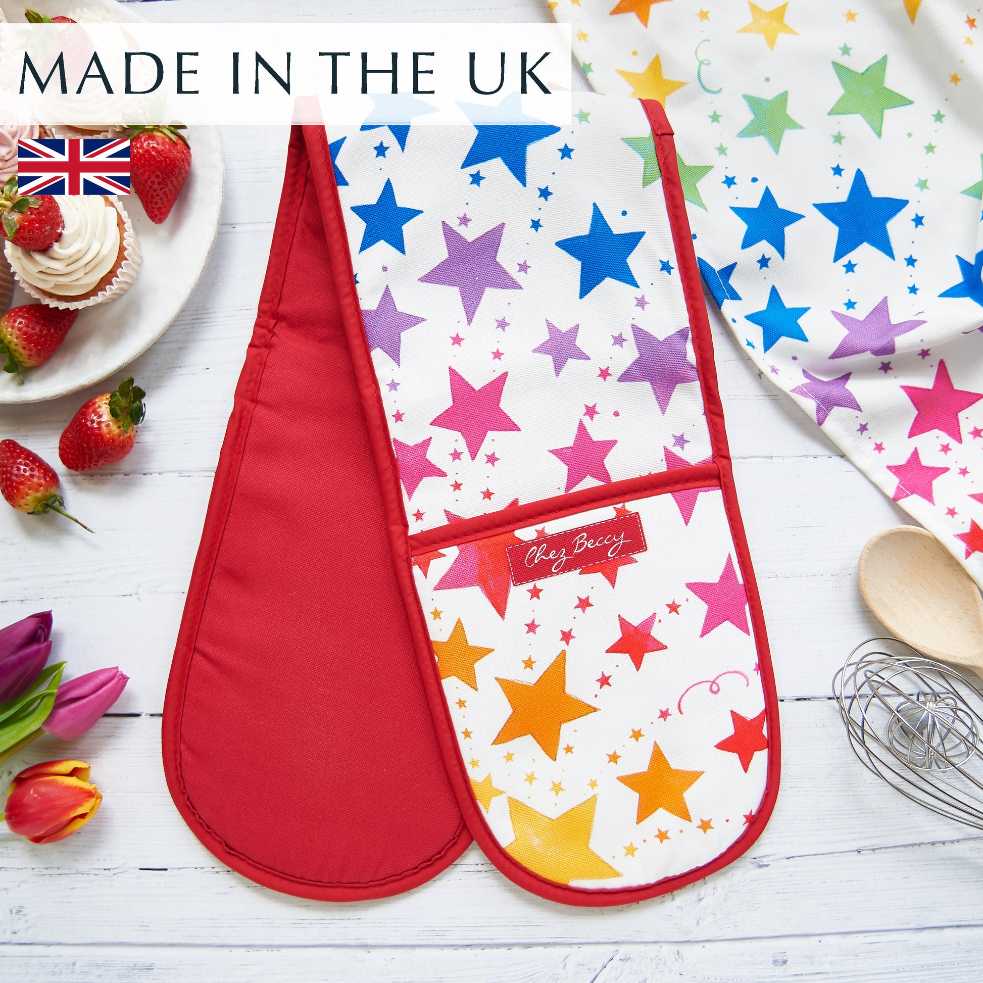 Colourful Rainbow Hearts Double Oven Glove, made in the UK