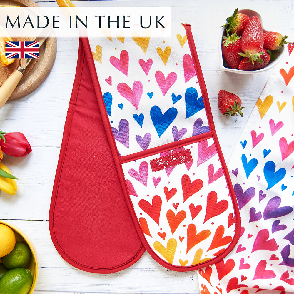 Colourful Rainbow Hearts Oven Glove, made in the UK