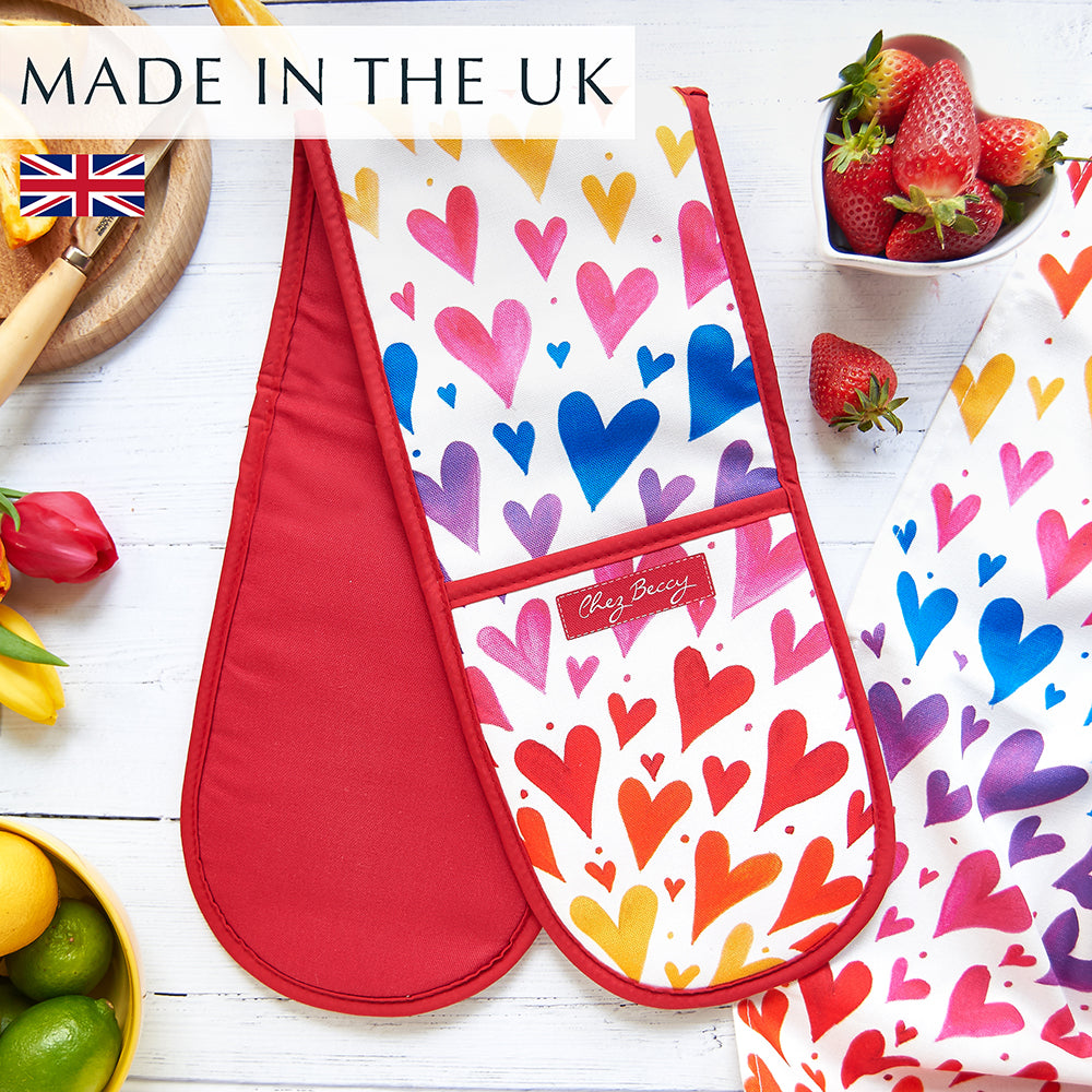 Colourful Rainbow Hearts Double Oven Glove, made in the UK