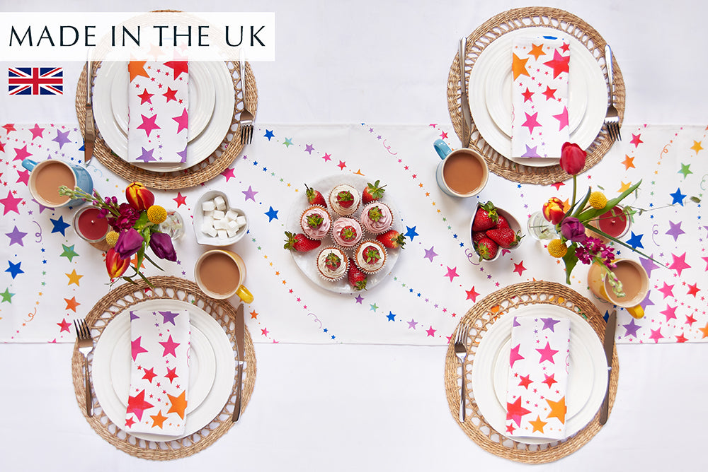 Colourful rainbow stars table runner, 4 place settings with matching rainbow stars cloth napkins