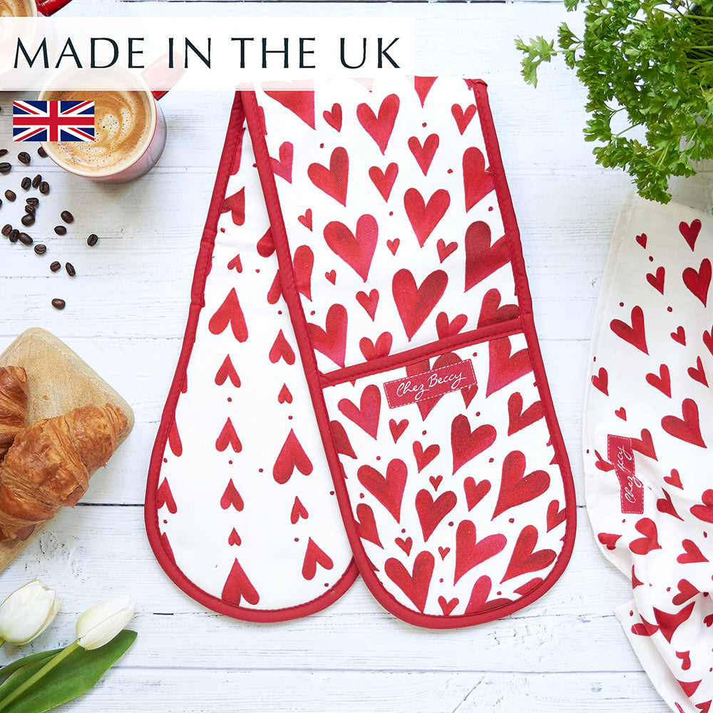 Red Hearts Double oven love with matching tea towel, cup of coffee and croissant