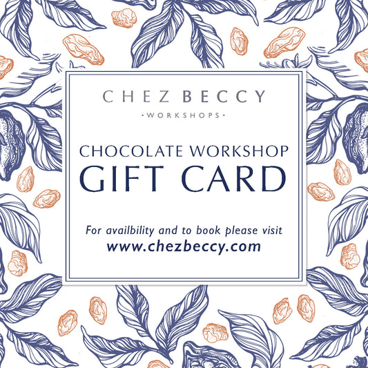 Chocolate Workshop Gift Voucher by Chez Beccy with botanical blue design, redeemable for one Bean to Bar chocolate workshop experience
