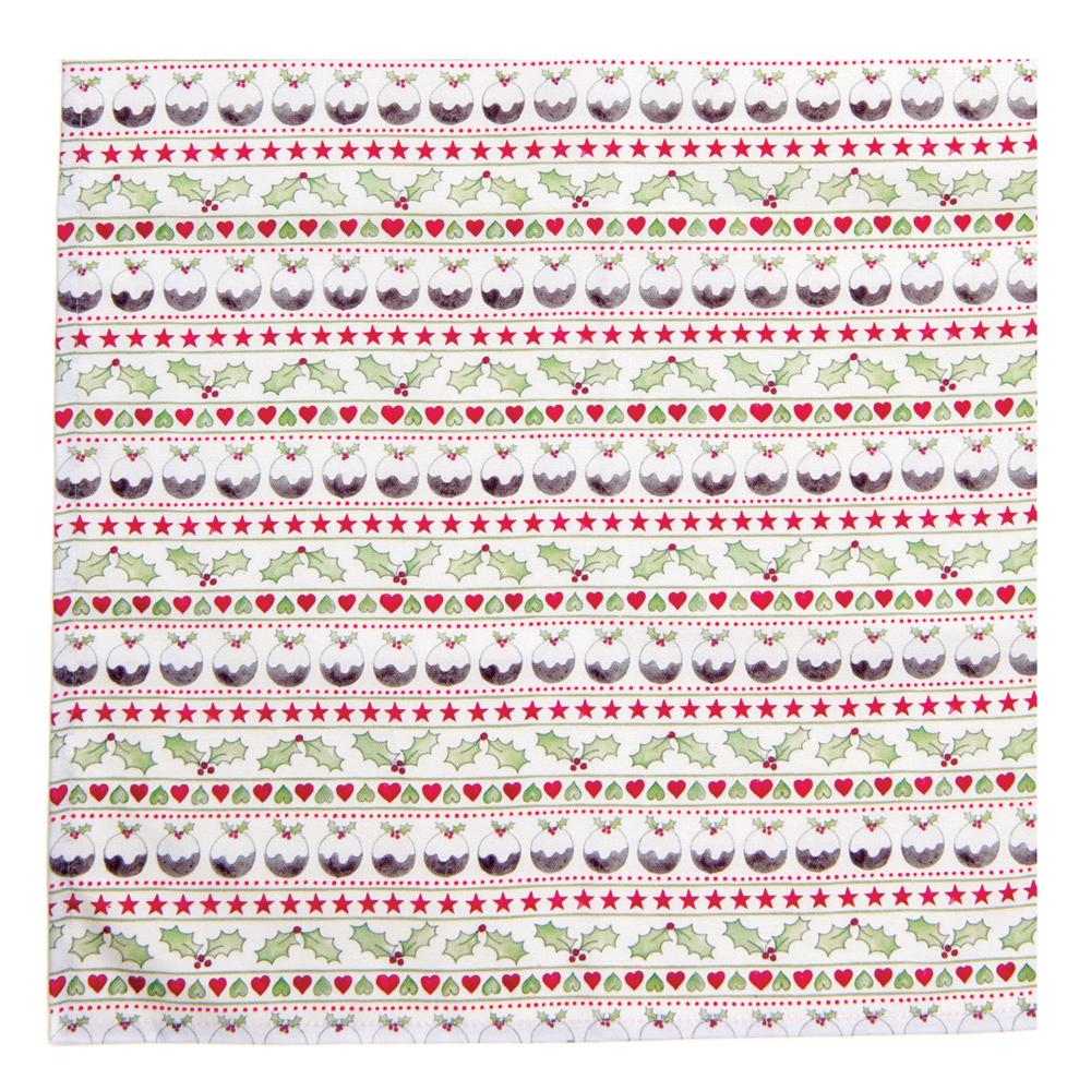 Christmas napkin with Christmas pudding icons, holly and hearts 