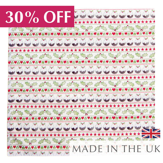 Christmas napkin with Christmas pudding icons, holly and hearts 