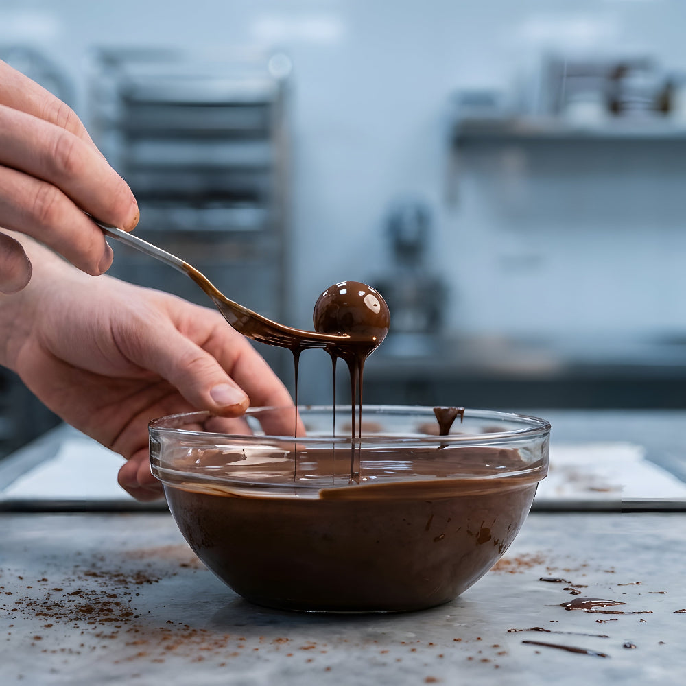 Hand dipping a handmade chocolate truffle into tempered chocolate at a Chez Beccy Chocolate Truffle Workshop in Oxfordshire