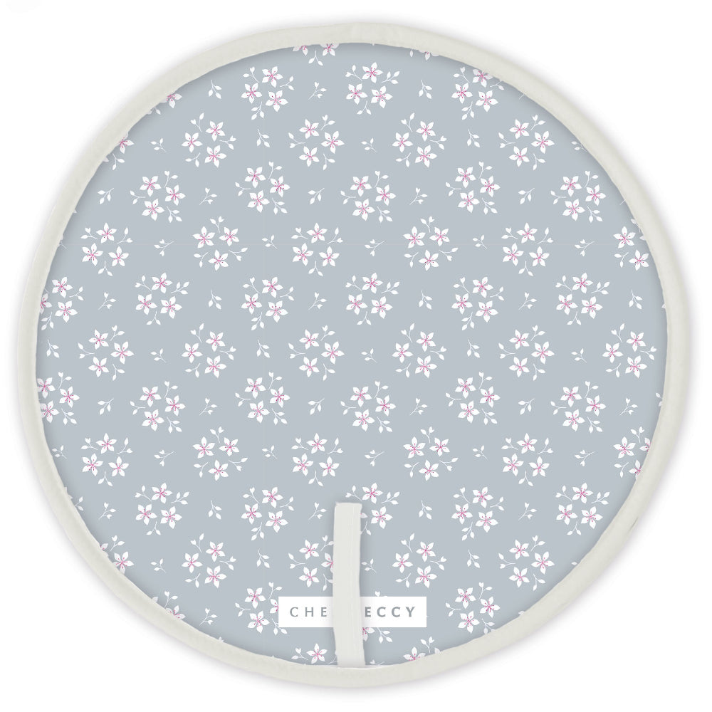 Grey ditsy floral Aga circular hob cover with cream piping, 38cm diameter, cotton