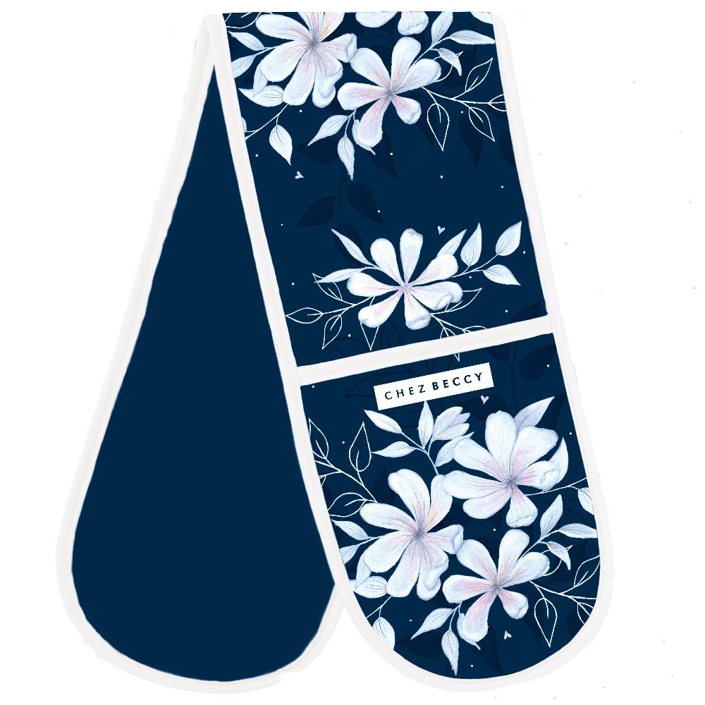 Navy double oven glove with large white floral design