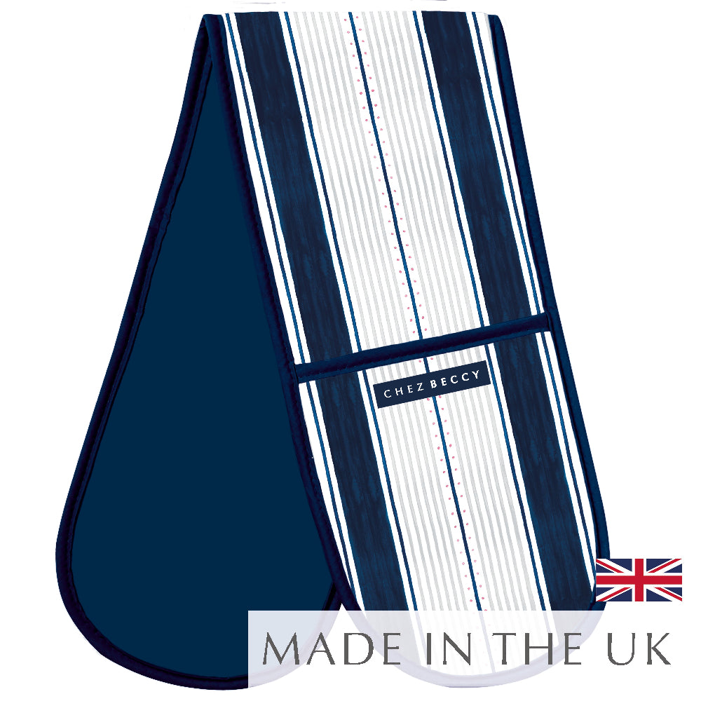 Chez Beccy Navy Wide Stripe Double Oven Glove with hand-drawn navy, white, and blue stripe design, heat-resistant lining, and “Made in the UK” label with Union Jack flag.