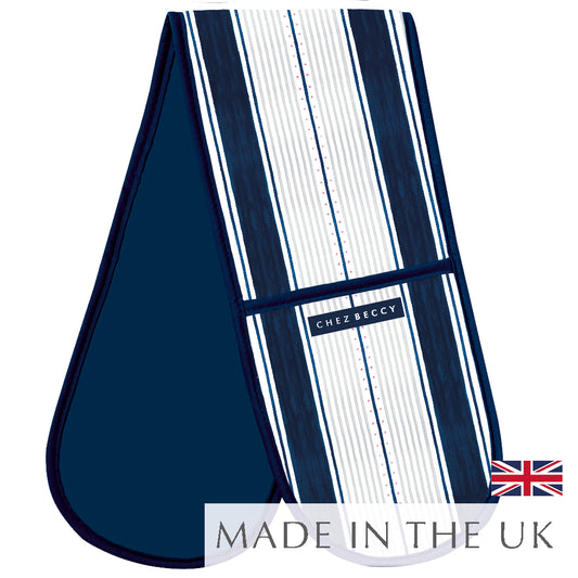 Chez Beccy Navy Wide Stripe Double Oven Glove with hand-drawn navy, white, and blue stripe design, heat-resistant lining, and “Made in the UK” label with Union Jack flag.