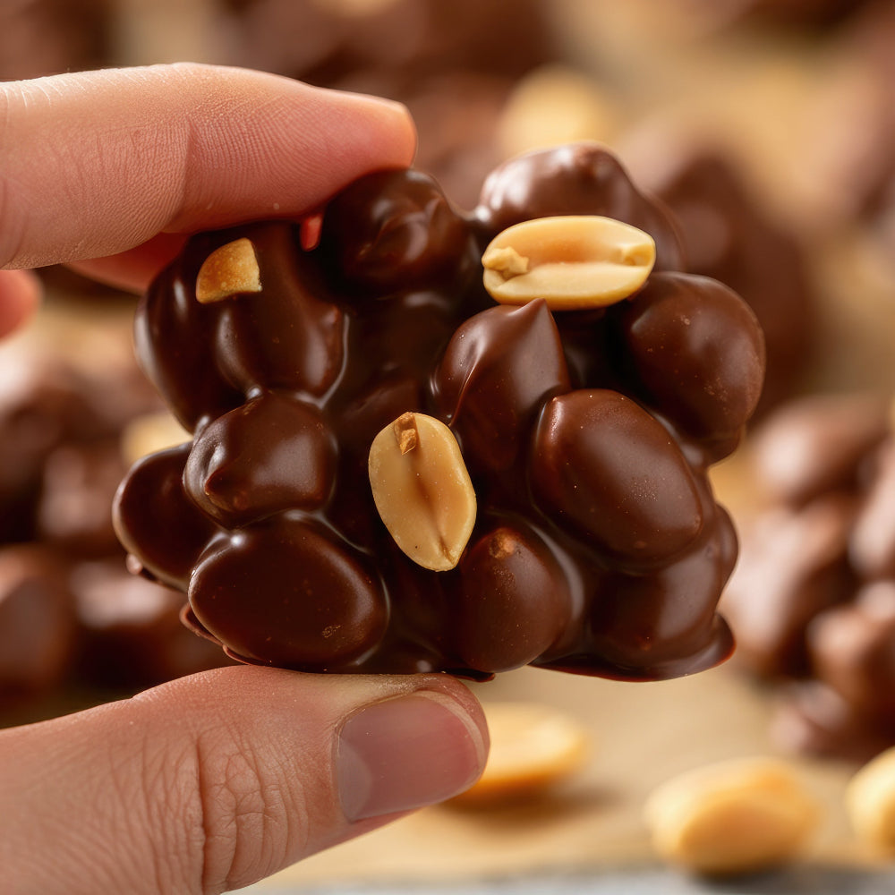 Handmade dark chocolate nut cluster topped with roasted peanuts at a Chez Beccy Praline Chocolate Workshop.