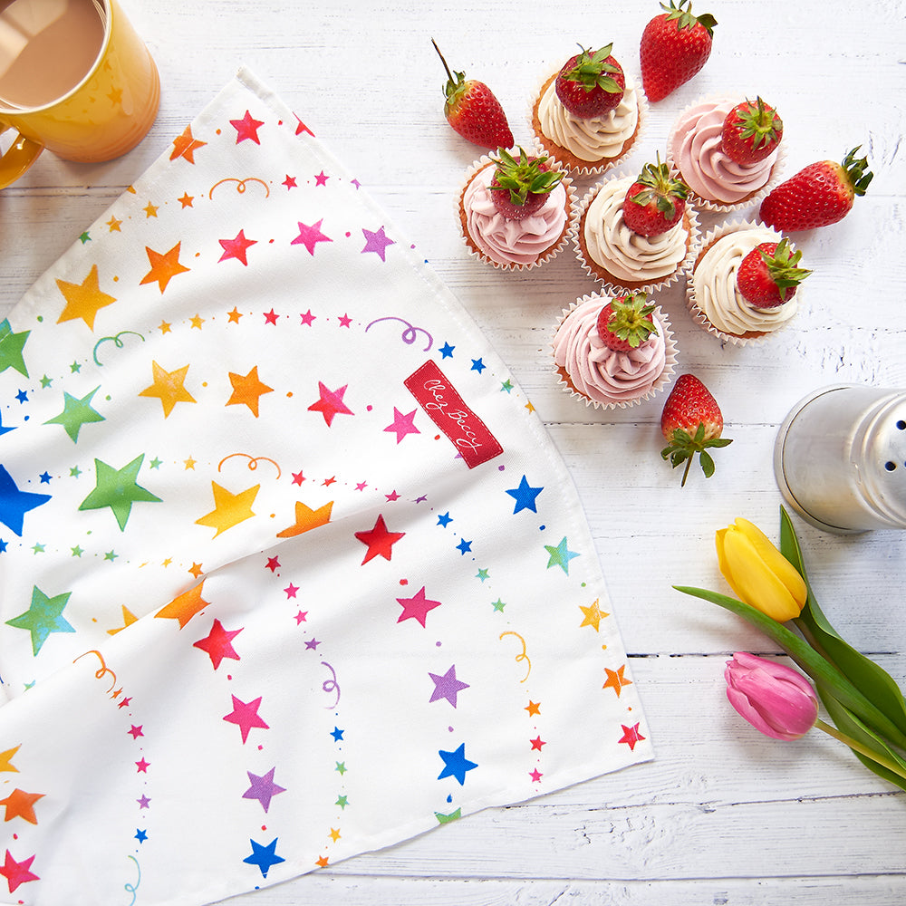 rainbow stars tea towel with cup cakes and strawberries