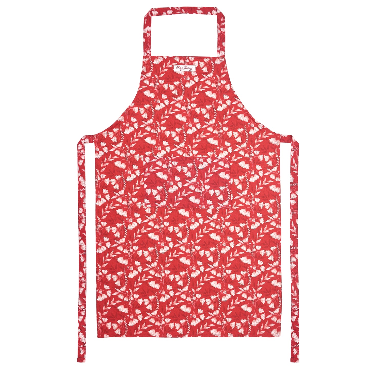 Red fabric apron with white floral pattern