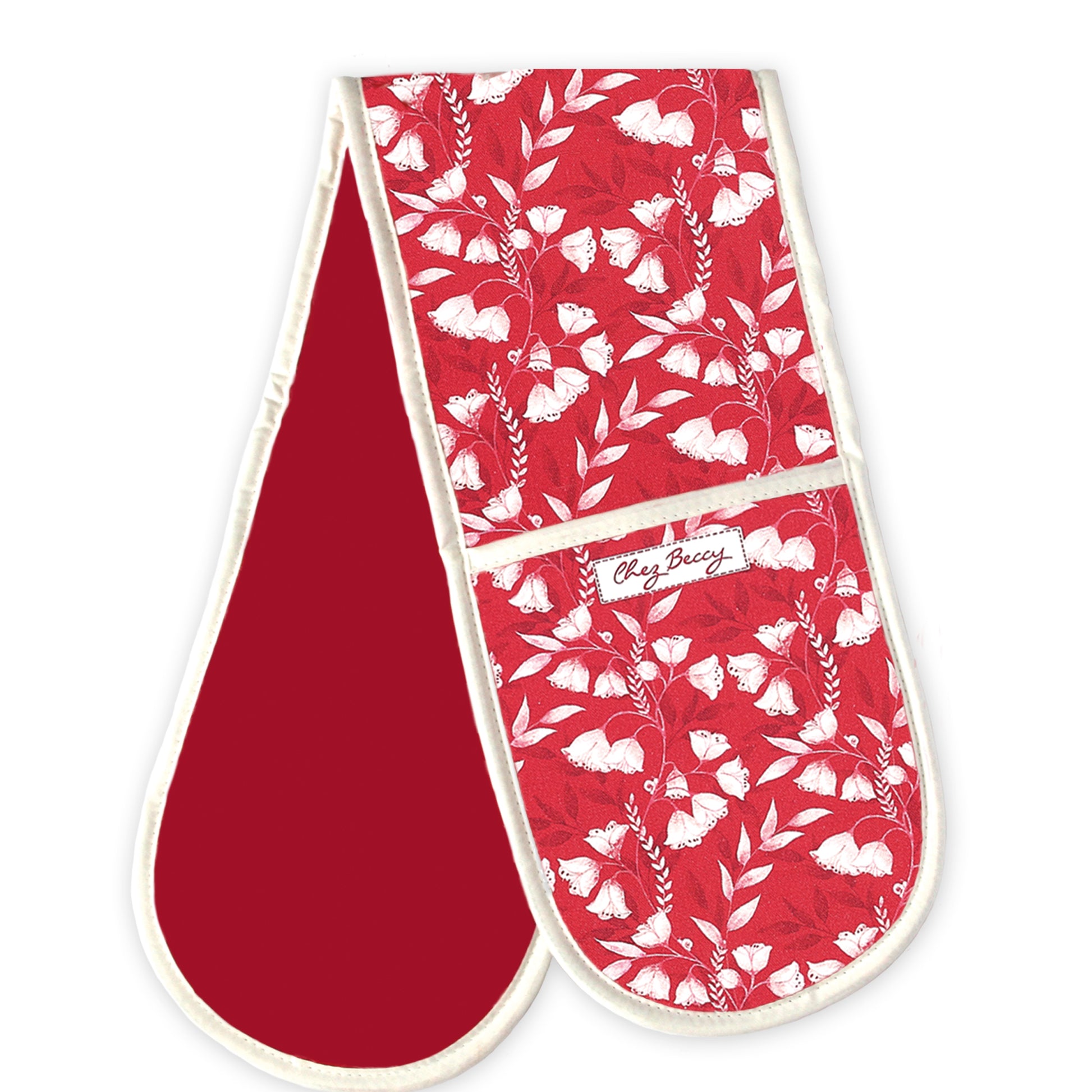 Red Floral double oven glove on a white background