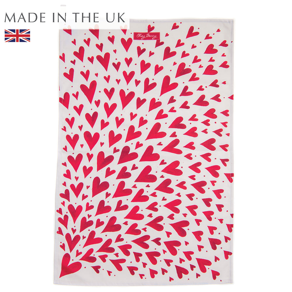 Red hearts tea towel, made in the UK