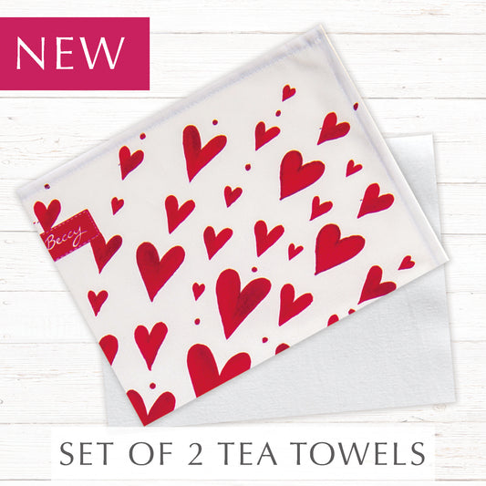 Set of 2 Tea Towels- Red Hearts