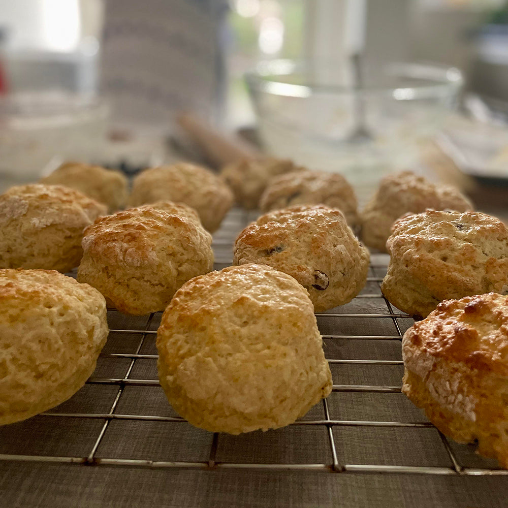 Fresh scones on a wire rack