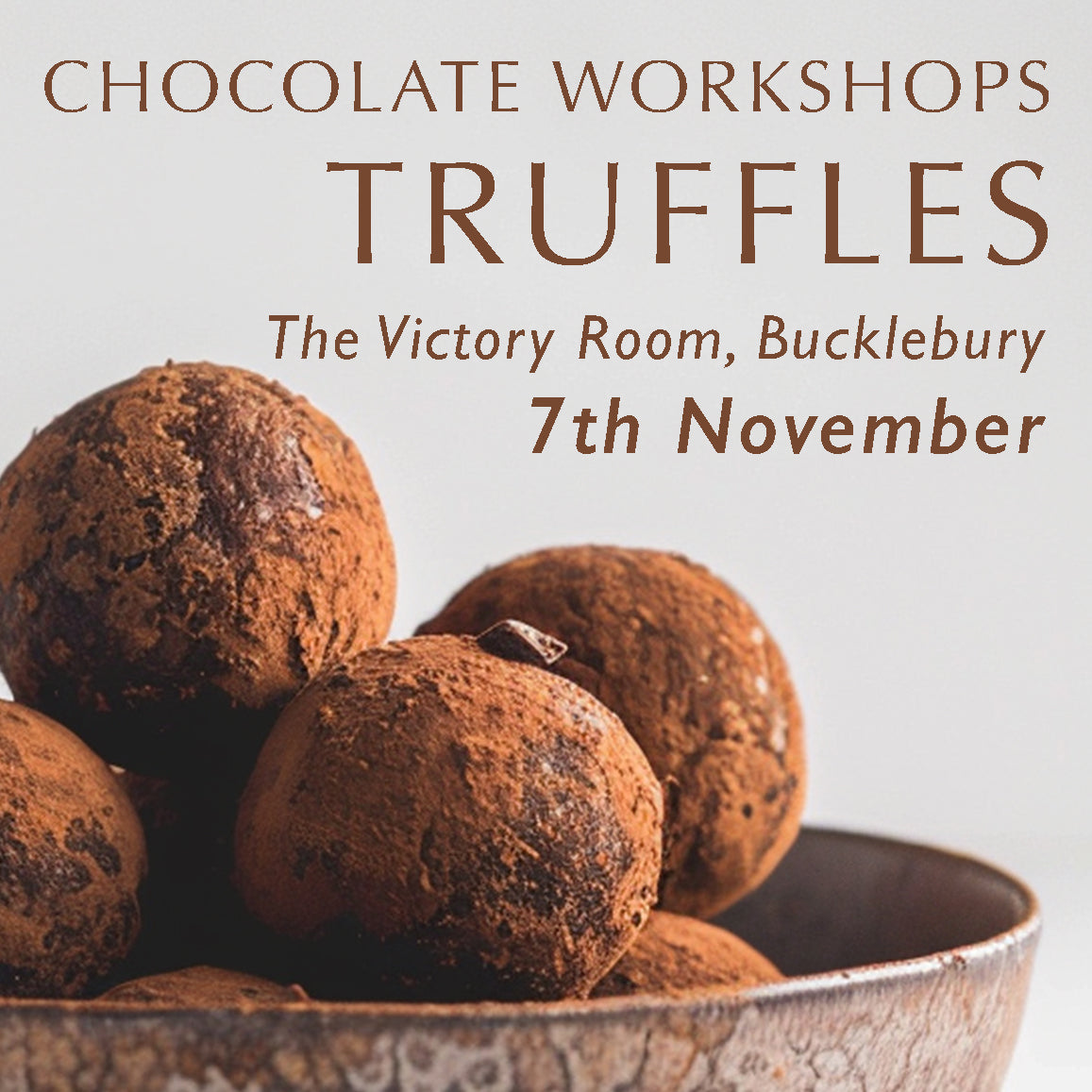 Handmade chocolate truffles promoting Chez Beccy's Chocolate Truffle Workshop, where guests learn to make artisan chocolate truffles from scratch.