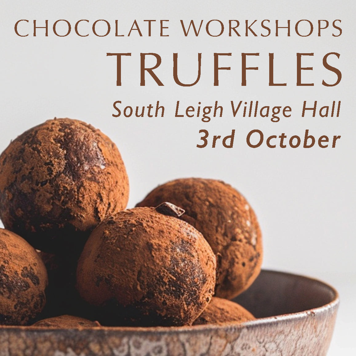 Handmade chocolate truffles promoting Chez Beccy's Chocolate Truffle Workshop, where guests learn to make artisan chocolate truffles from scratch.