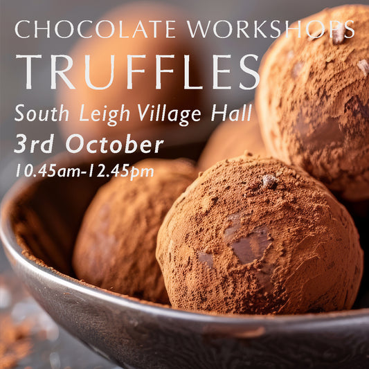 Handmade chocolate truffles promoting Chez Beccy's Chocolate Truffle Workshop, where guests learn to make artisan chocolate truffles from scratch.