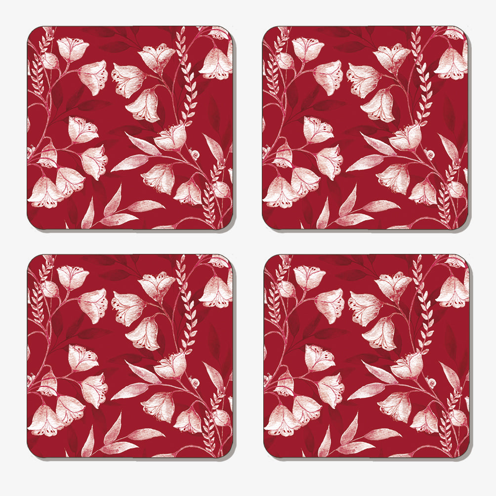 Set of 4 red damask floral coaster