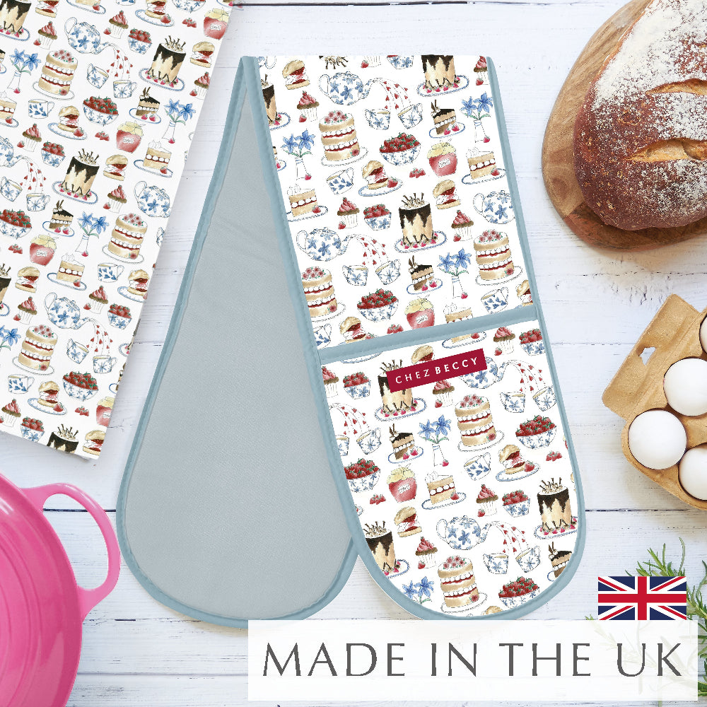 Afternoon Tea Double Oven Glove with grey trim – British-made kitchen textile by Chez Beccy