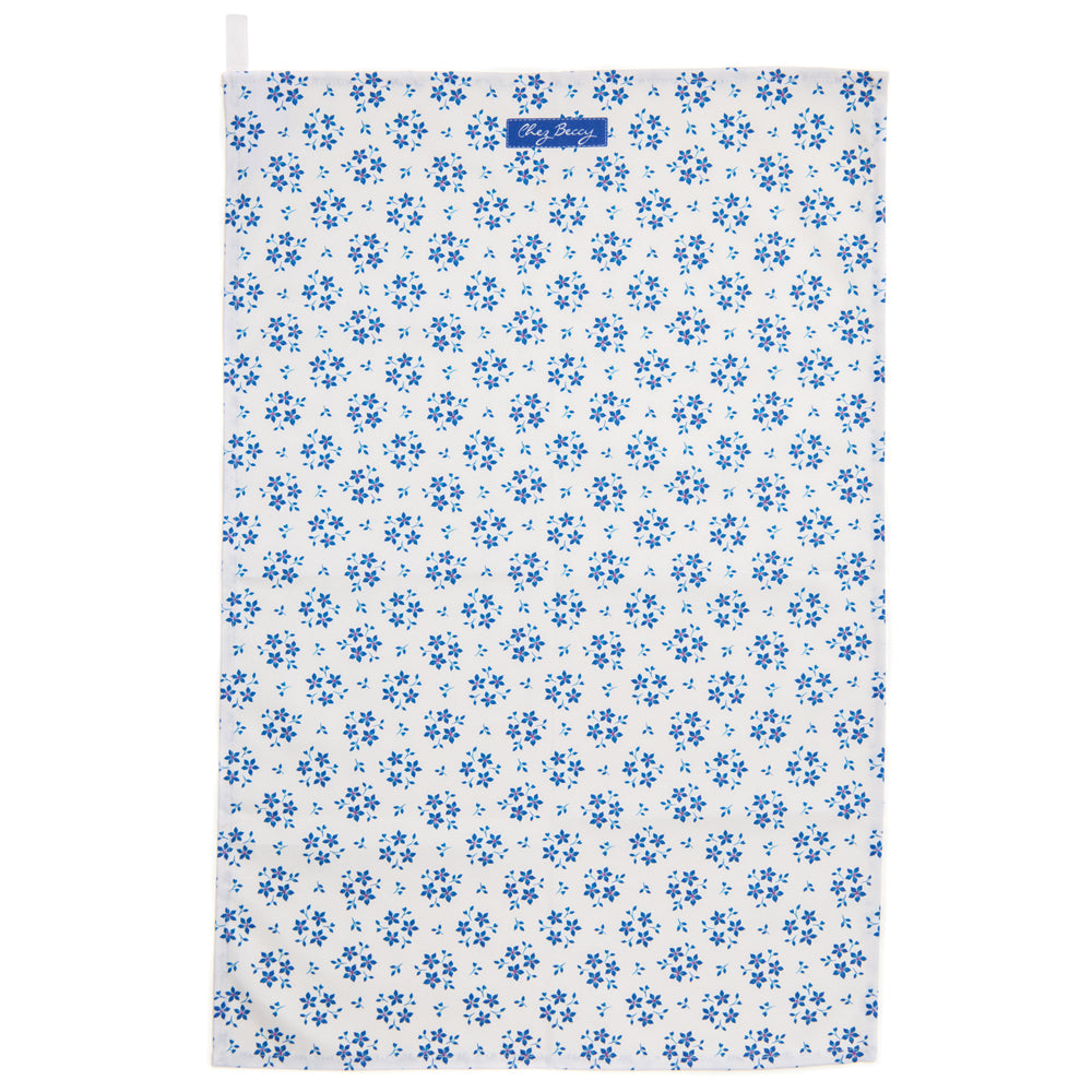 Chez Beccy, Chez Beccy tea towel, blue ditsy floral tea towel, blue floral tea towel, blue tea towel, sustainable homeware, kitchen linens, kitchen textiles, made in Britain, blue floral kitchen towel, joy in every day moments, joy in every day tasks