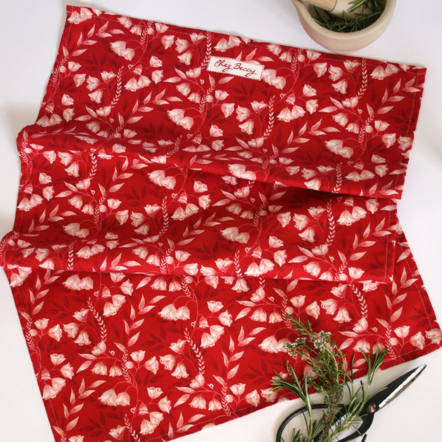 Kitchen textiles, Ruby Red Floral Tea Towel, made in Britain - Chez Beccy