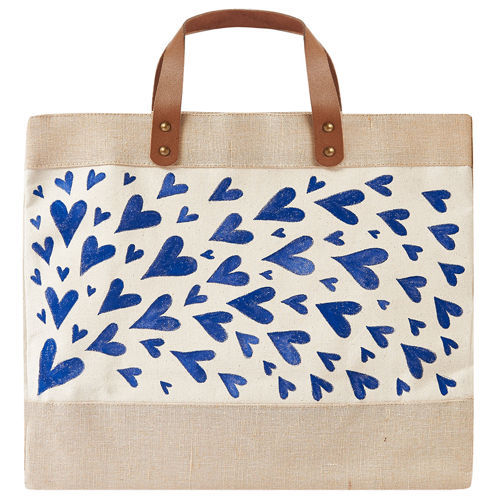 Blue hearts canvas/jute shopper with leather handles