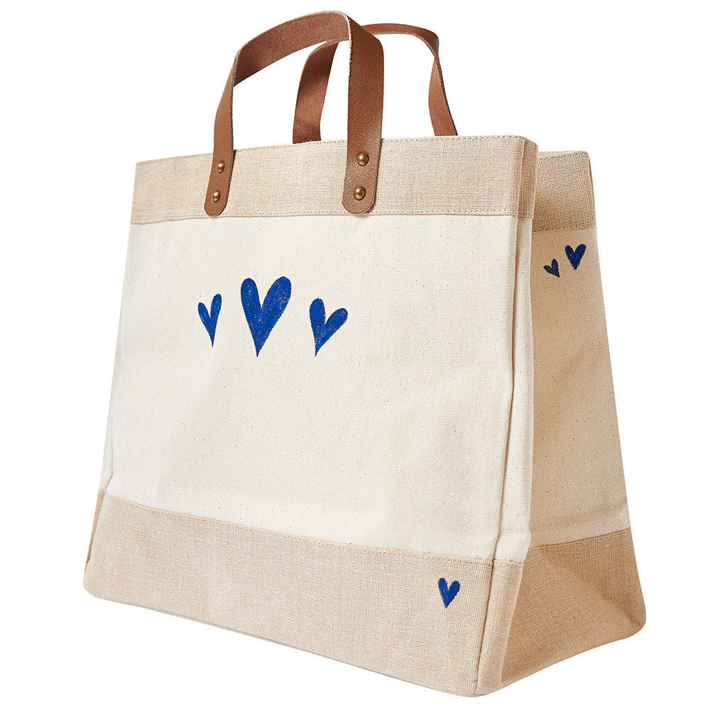 Blue hearts canvas/jute shopper with leather handles