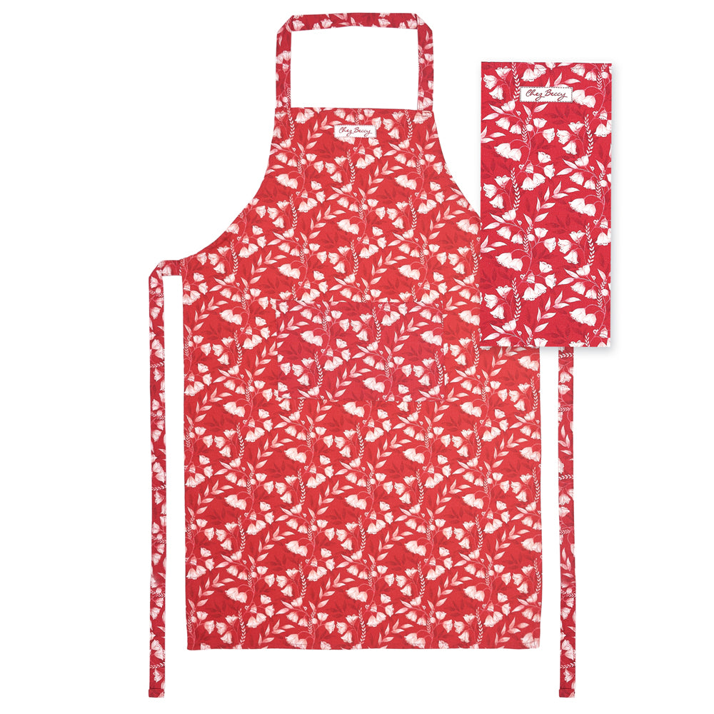 KRed fabric apron and matching tea towel with white floral pattern